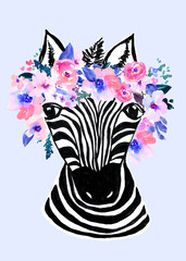 Cute Hand Drawn Zebra with Watercolor Flower Artwork Background