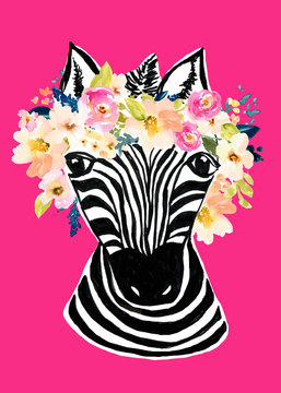 Cute Hand Drawn Zebra with Watercolor Flower Artwork Background
