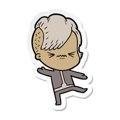 sticker of a cartoon annoyed hipster girl wearing space suit