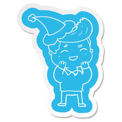 cartoon  sticker of a man laughing wearing santa hat