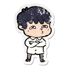 distressed sticker of a cartoon curious man