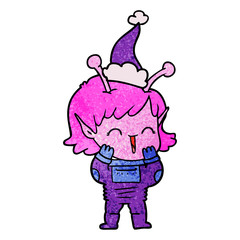 textured cartoon of a alien girl giggling wearing santa hat