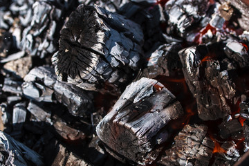 Burning charcoal in the open grill.