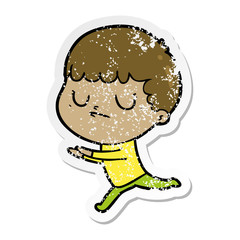 distressed sticker of a cartoon grumpy boy