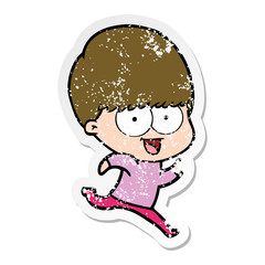 distressed sticker of a happy cartoon boy running