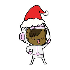 line drawing of a astronaut woman wearing santa hat