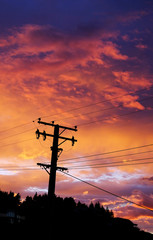 Sunrise and electriticy wires, Wanaka, New Zealand