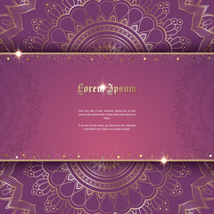 Greeting card or invitation template with golden ornament and confetti. Design for any purposes: wedding, birthday, anniversary or christmas