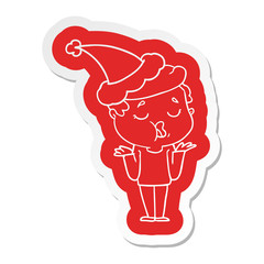 cartoon  sticker of a man talking and shrugging shoulders wearing santa hat
