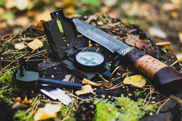 Knife and flint on the stump in the forest. Camping in nature. Survival in the wild.