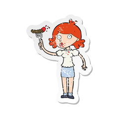 retro distressed sticker of a cartoon woman eating sausage