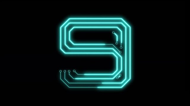 Animated blue neon glowing number 9 as circuit board style