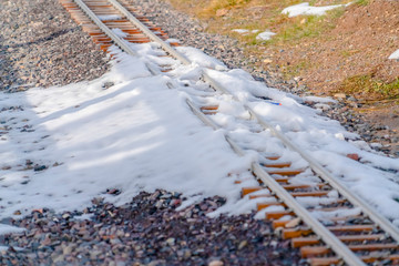 Fototapeta na wymiar Sunlit snow covering a railway track in winter
