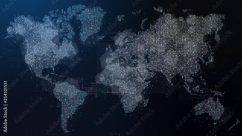 Poster Futuristic global broadband internet communication between cities around the world with matrix particles continent map for head up display background