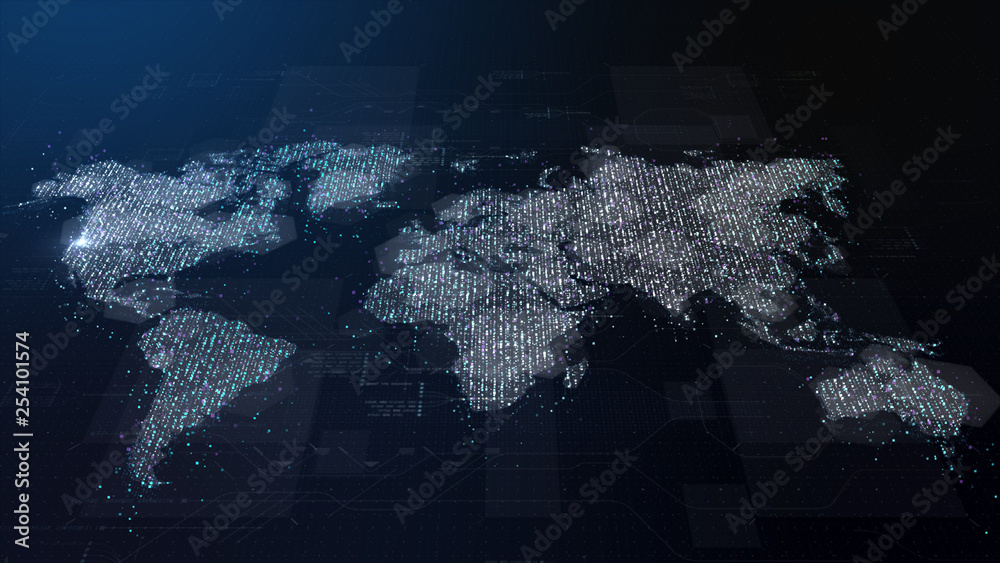 Aufkleber Futuristic global broadband internet communication between cities around the world with matrix particles continent map for head up display background