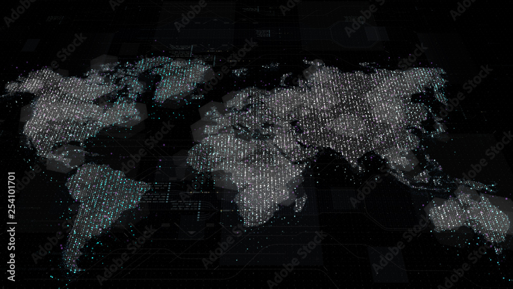 Aufkleber Futuristic global broadband internet communication between cities around the world with matrix particles continent map for head up display background