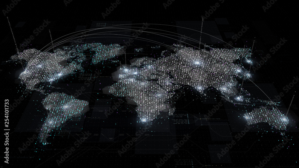 Aufkleber Futuristic global broadband internet communication between cities around the world with matrix particles continent map for head up display background