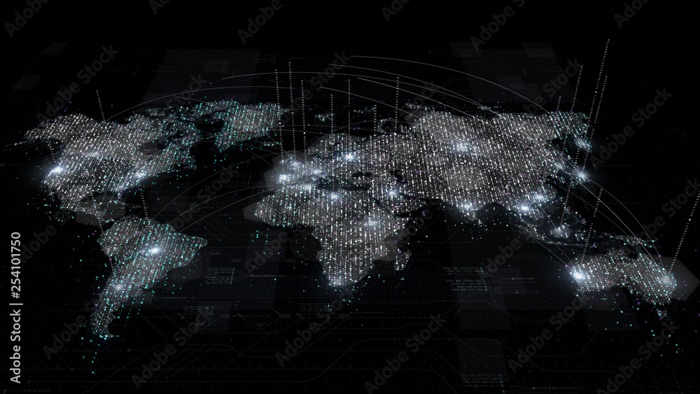 Fototapete Futuristic global broadband internet communication between cities around the world with matrix particles continent map for head up display background