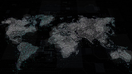 Futuristic global broadband internet communication between cities around the world with matrix particles continent map for head up display background