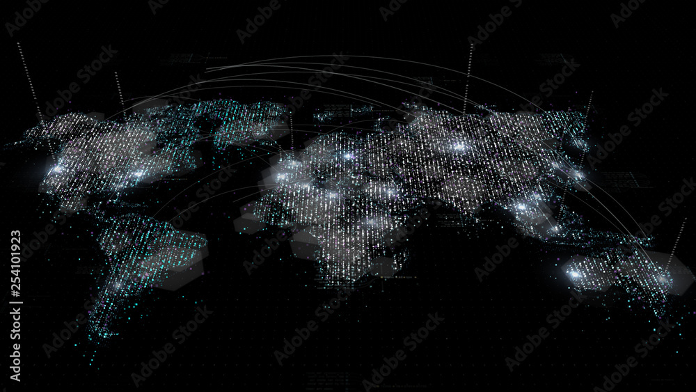 Fototapete Futuristic global broadband internet communication between cities around the world with matrix particles continent map for head up display background