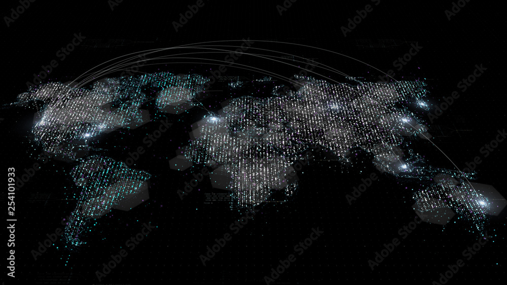 Poster Futuristic global broadband internet communication between cities around the world with matrix particles continent map for head up display background