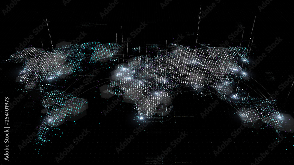 Poster Futuristic global broadband internet communication between cities around the world with matrix particles continent map for head up display background