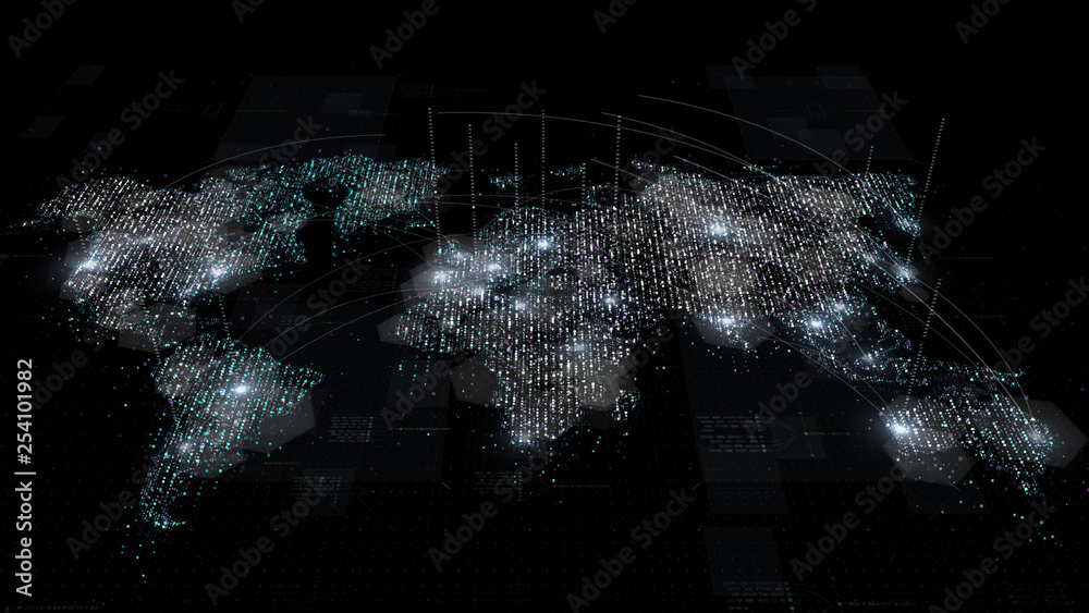 Poster Futuristic global broadband internet communication between cities around the world with matrix particles continent map for head up display background