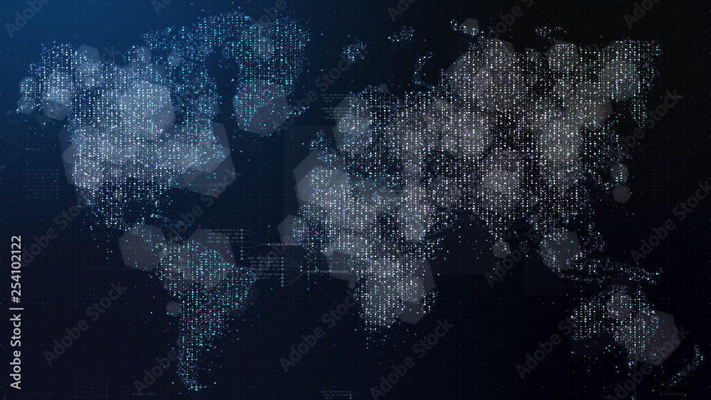 Poster Futuristic global broadband internet communication between cities around the world with matrix particles continent map for head up display background