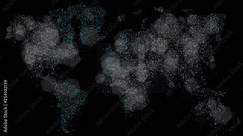 Aufkleber Futuristic global broadband internet communication between cities around the world with matrix particles continent map for head up display background