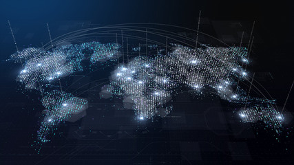 Futuristic global broadband internet communication between cities around the world with matrix particles continent map for head up display background