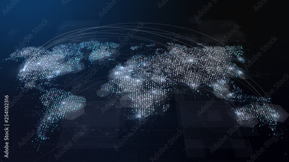 Poster Futuristic global broadband internet communication between cities around the world with matrix particles continent map for head up display background