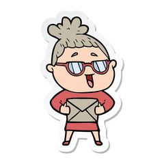 sticker of a cartoon happy woman wearing spectacles