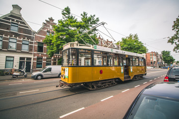 Fototapeta na wymiar Historic old tram or trolley in Rotterdam, Netherlands
