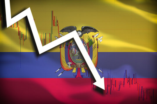 White arrow and stocks chart fall down on the background of the waving flag of Ecuador