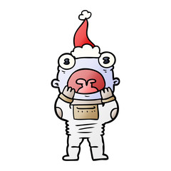 gradient cartoon of a alien gasping in surprise wearing santa hat