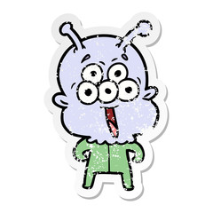 distressed sticker of a happy cartoon alien