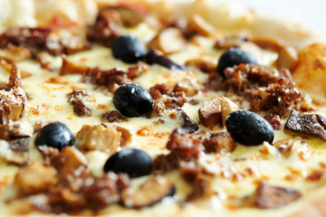 Grilled chicken, mushroom and olive pizza 