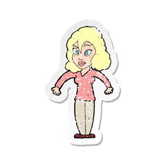 retro distressed sticker of a cartoon woman shrugging shoulders