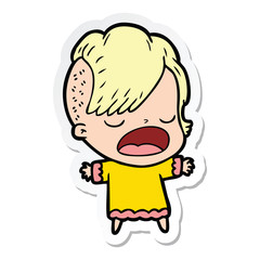 sticker of a cartoon cool hipster girl talking