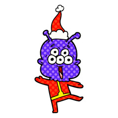 happy comic book style illustration of a alien dancing wearing santa hat