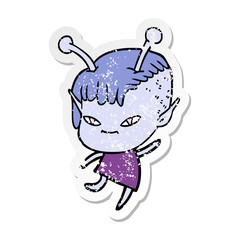 distressed sticker of a cute cartoon alien girl