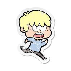 distressed sticker of a worried cartoon boy