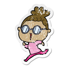 distressed sticker of a cartoon woman wearing spectacles
