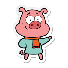 sticker of a happy cartoon pig wearing warm clothes