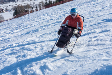 Fototapeta na wymiar handicapped athlete goes downhill, extreme sport and winter snow sports for person with a disability, mono ski slalom