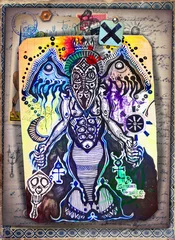 Foto op Plexiglas Alchemie en tarot. Manuscripten, schetsen, graffiti en alchemistische, astrologische, esoterische, etnische tekeningen, met symbolen, tarots en chemische en magische formules © Rosario Rizzo