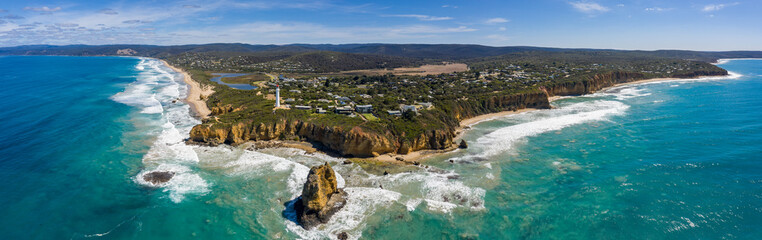 Aerial view of the Split Point lighthouse and coastline at Aireys Inlet, on the Great Ocean Road in...