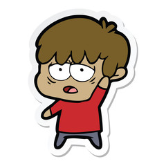 sticker of a cartoon exhausted boy
