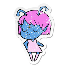 distressed sticker of a cartoon alien girl