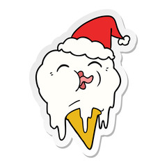 sticker cartoon of a melting ice cream wearing santa hat